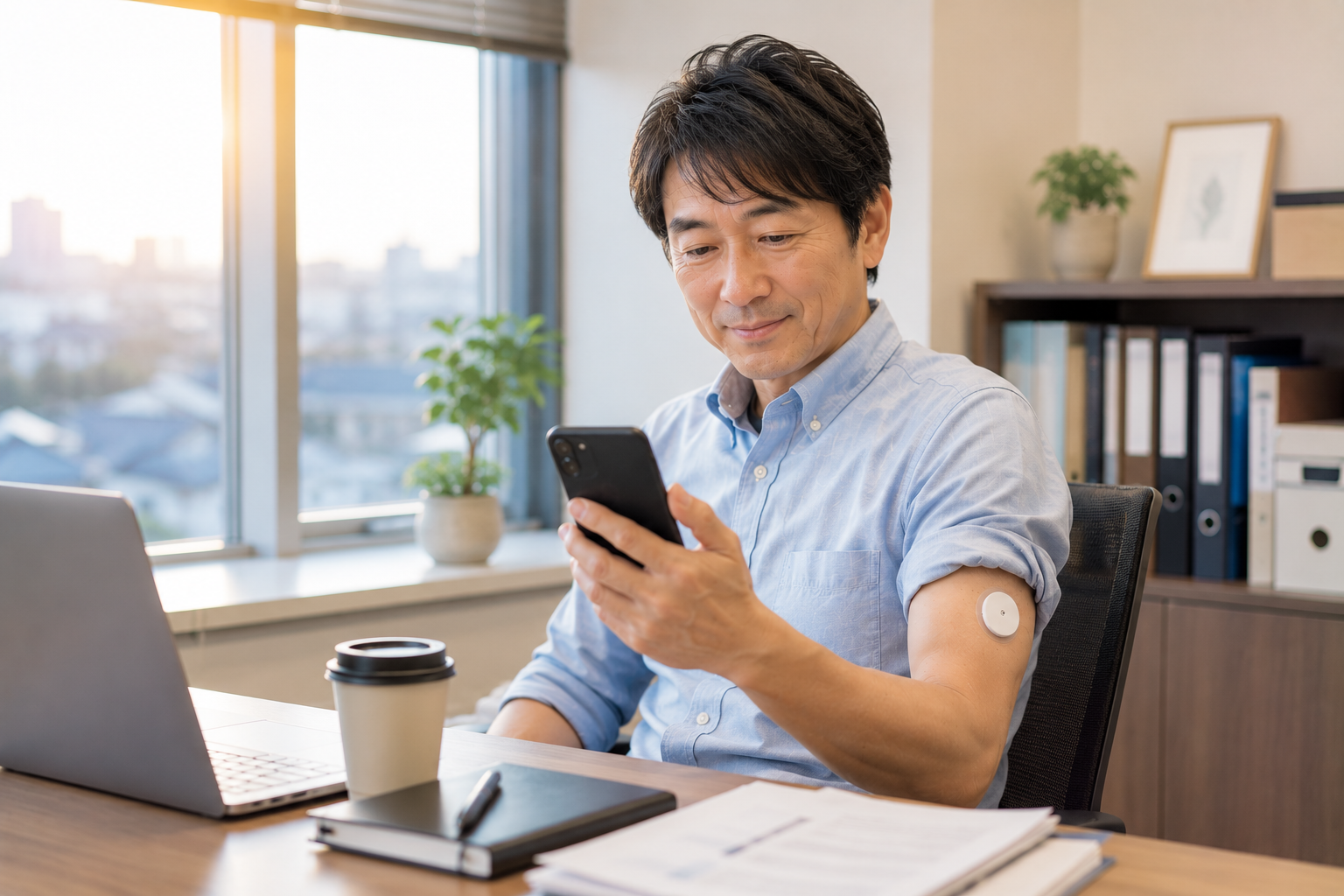 仕事をしながらスマートフォンでデータを確認するイメージ