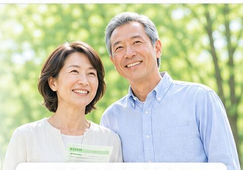 健康診断の案内を見る日本人の夫婦のイメージ写真